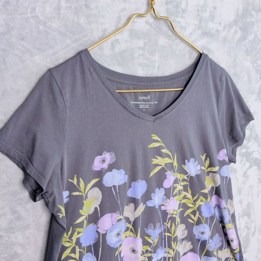 PUREJILL Gray Floral Graphic Print T-Shirt Size M Shirred-Back Elliptical Pima - Picture 5 of 8